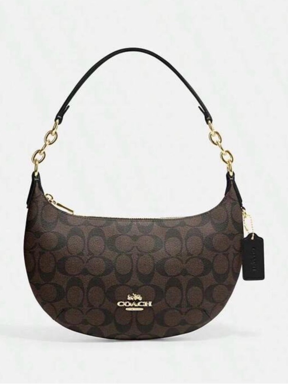 Coach Dark Brown Signature Crescent Shoulder Bag with Gold Hardware